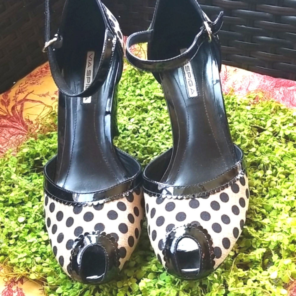 VIA SPIGA Peep Open Toe RETRO Spots Minnie White Polkadots Dance Heels EUC 8.5